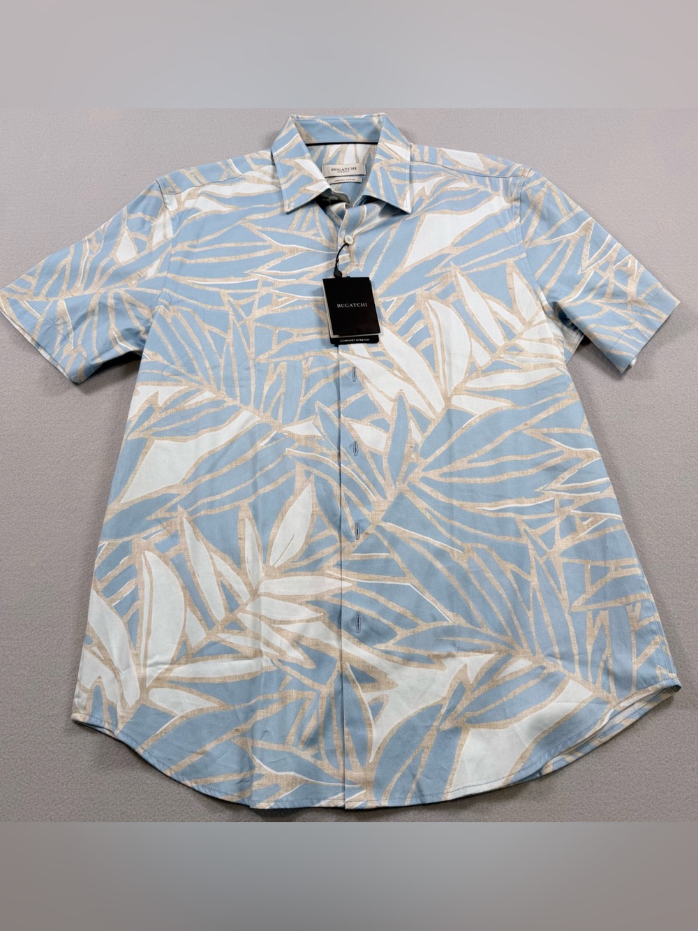 NWT Bugatchi Shaped Fit Comfort Stretch Short Sleeve Shirt Blue Palm Print M